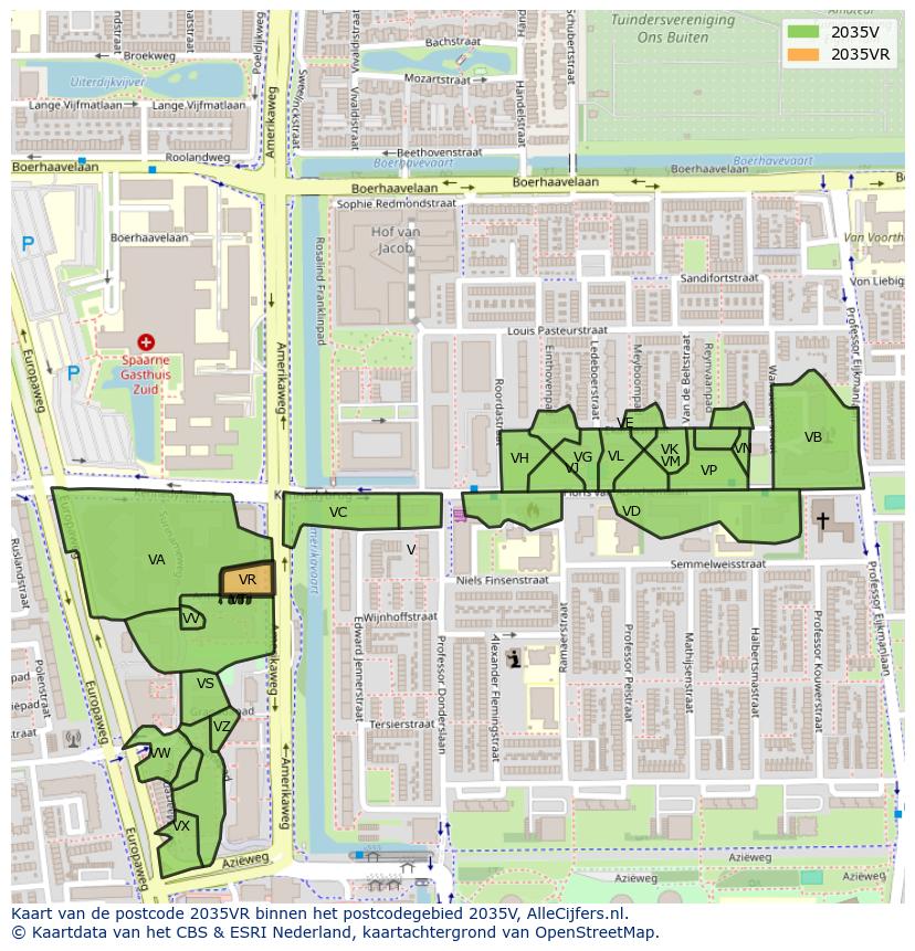 Afbeelding van het postcodegebied 2035 VR op de kaart.