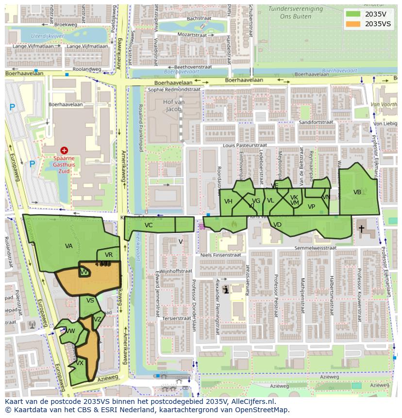 Afbeelding van het postcodegebied 2035 VS op de kaart.