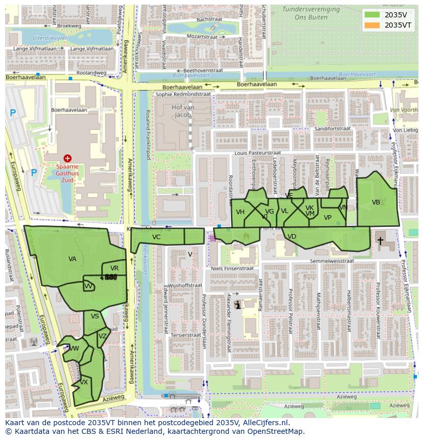 Afbeelding van het postcodegebied 2035 VT op de kaart.