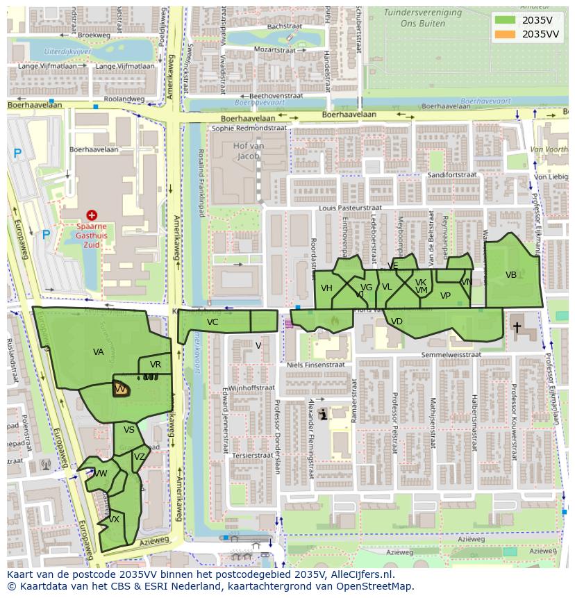Afbeelding van het postcodegebied 2035 VV op de kaart.