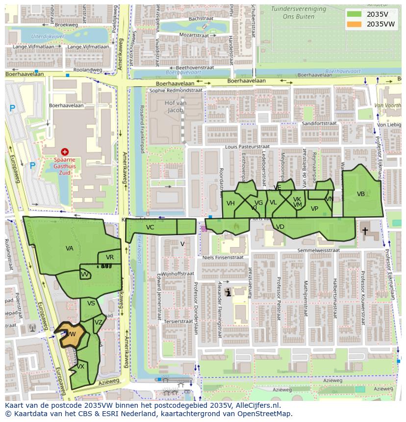 Afbeelding van het postcodegebied 2035 VW op de kaart.