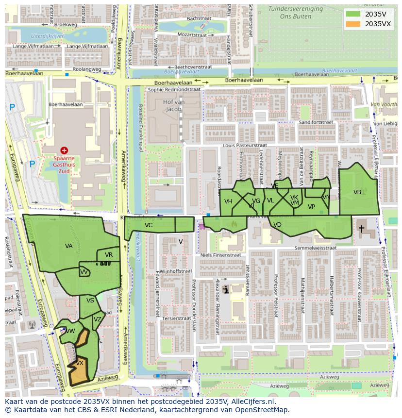 Afbeelding van het postcodegebied 2035 VX op de kaart.