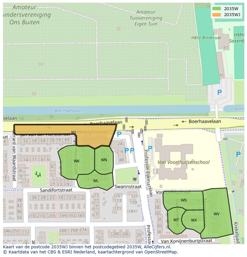 Afbeelding van het postcodegebied 2035 WJ op de kaart.