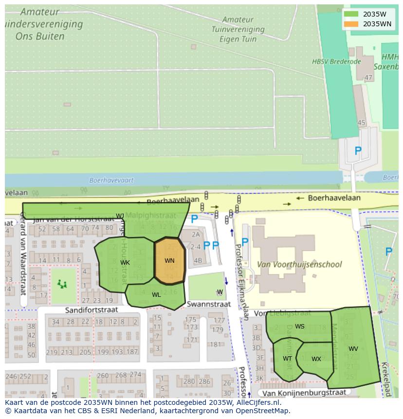 Afbeelding van het postcodegebied 2035 WN op de kaart.
