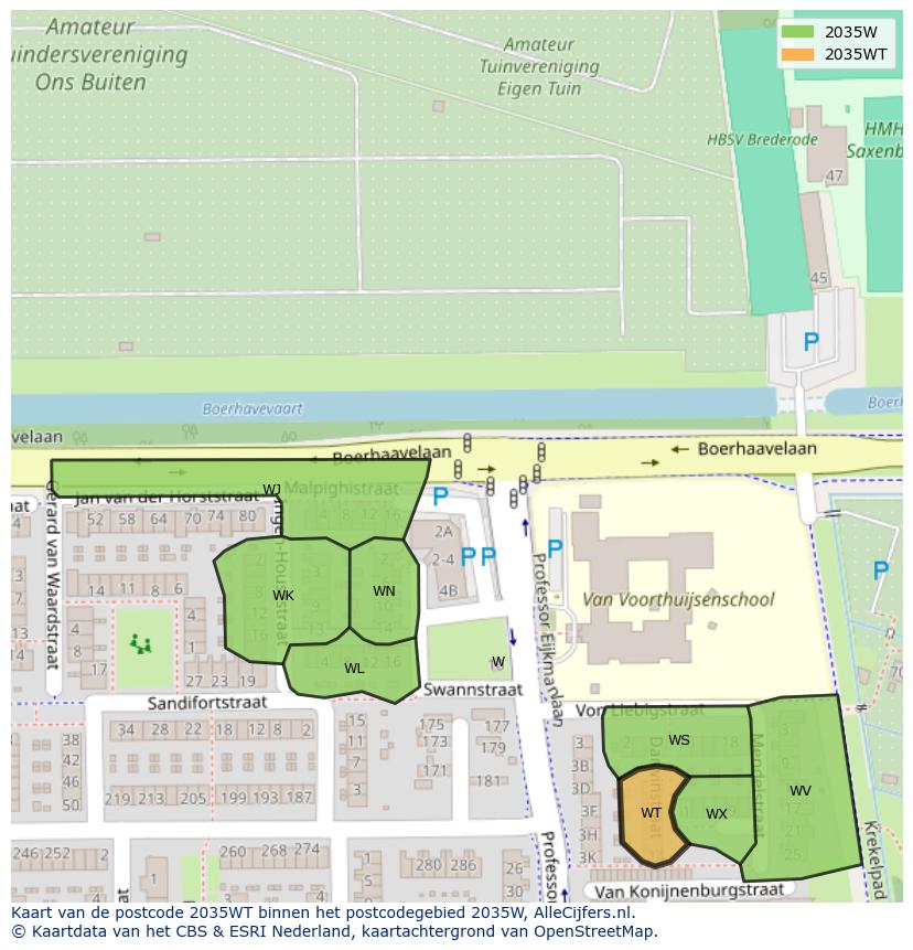 Afbeelding van het postcodegebied 2035 WT op de kaart.