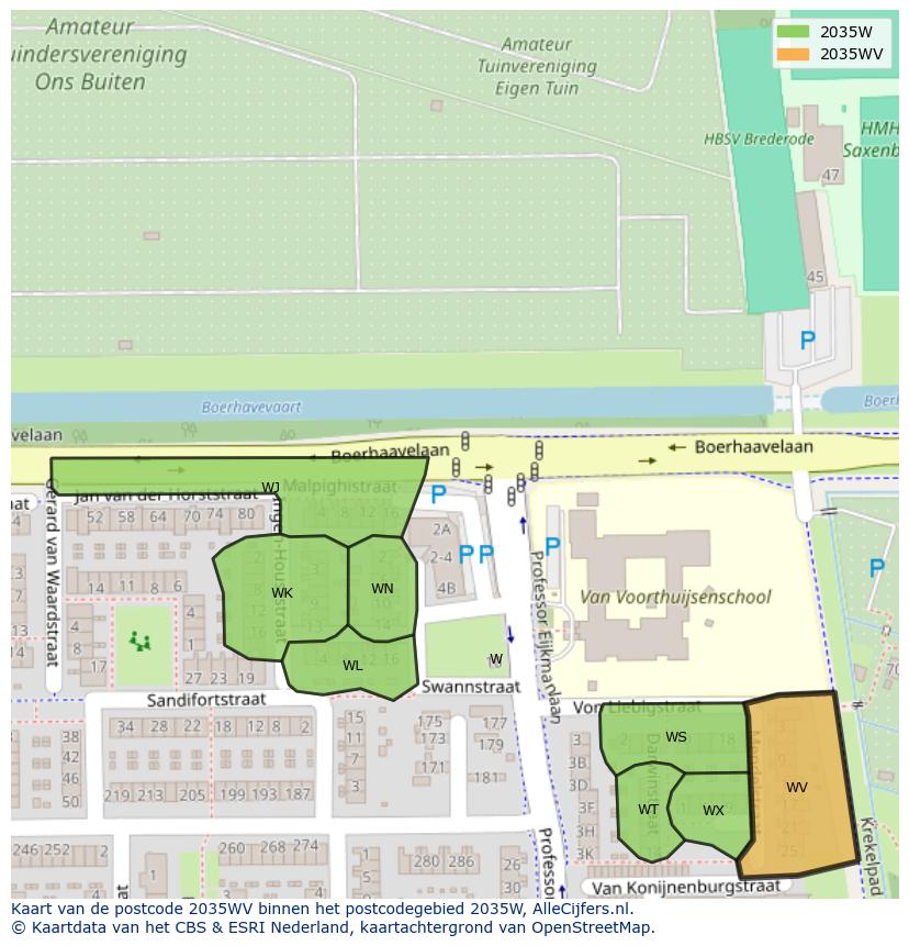 Afbeelding van het postcodegebied 2035 WV op de kaart.