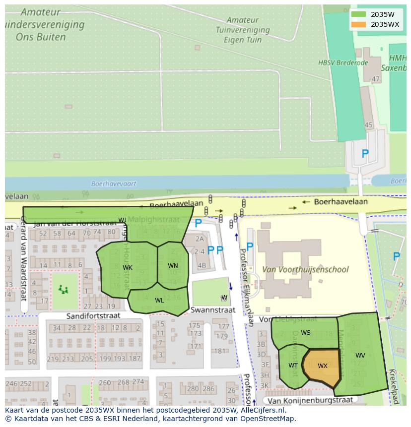 Afbeelding van het postcodegebied 2035 WX op de kaart.