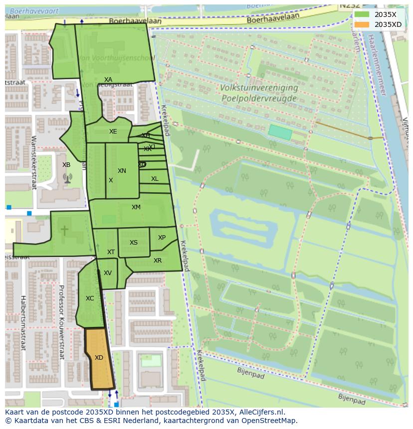 Afbeelding van het postcodegebied 2035 XD op de kaart.