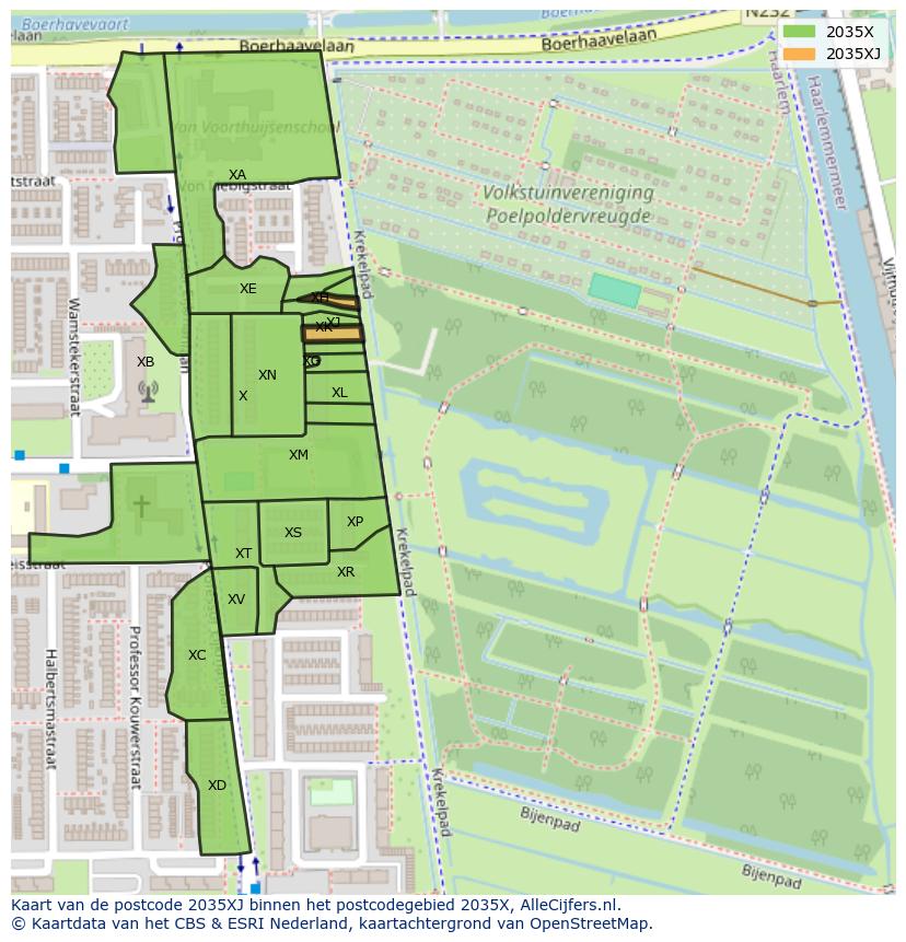 Afbeelding van het postcodegebied 2035 XJ op de kaart.