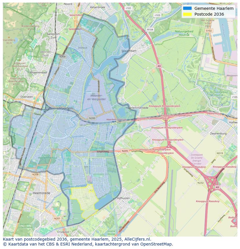 Afbeelding van het postcodegebied 2036 op de kaart.