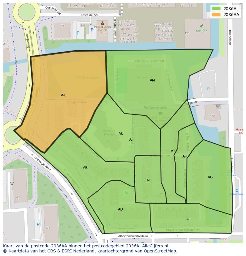 Afbeelding van het postcodegebied 2036 AA op de kaart.