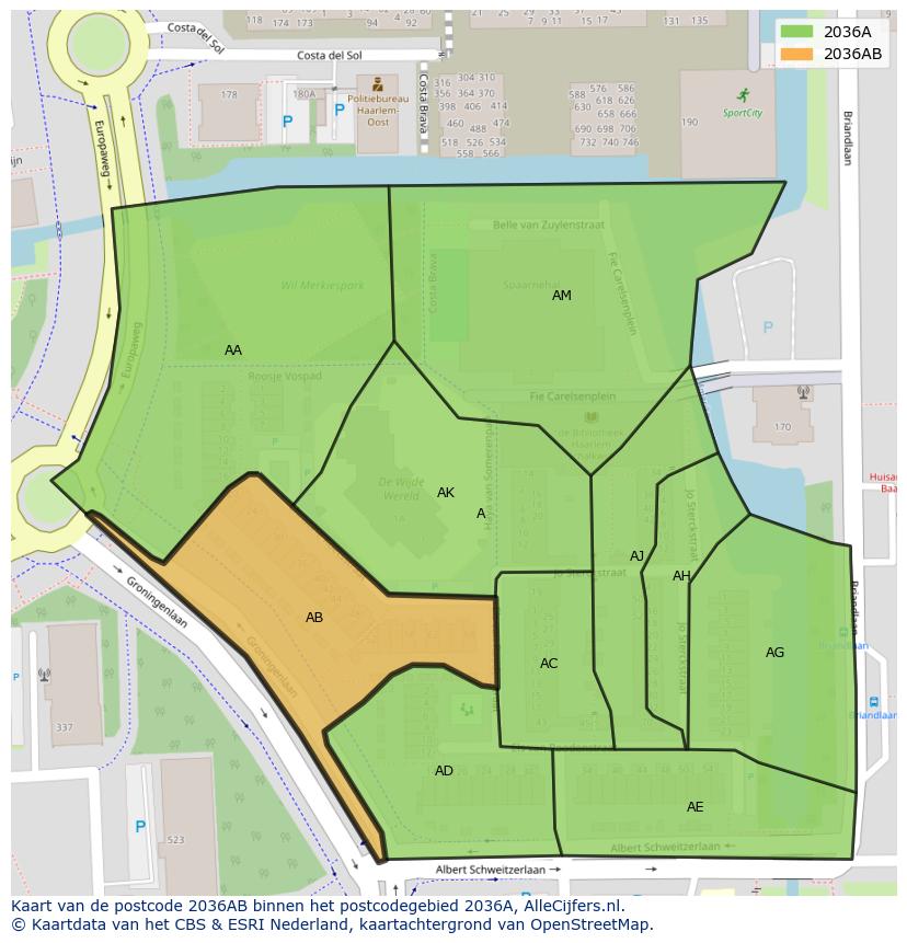 Afbeelding van het postcodegebied 2036 AB op de kaart.