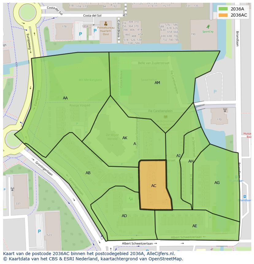 Afbeelding van het postcodegebied 2036 AC op de kaart.
