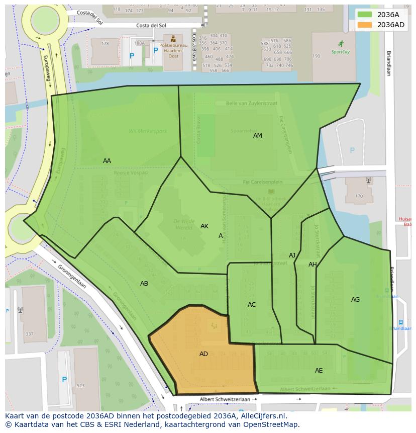 Afbeelding van het postcodegebied 2036 AD op de kaart.