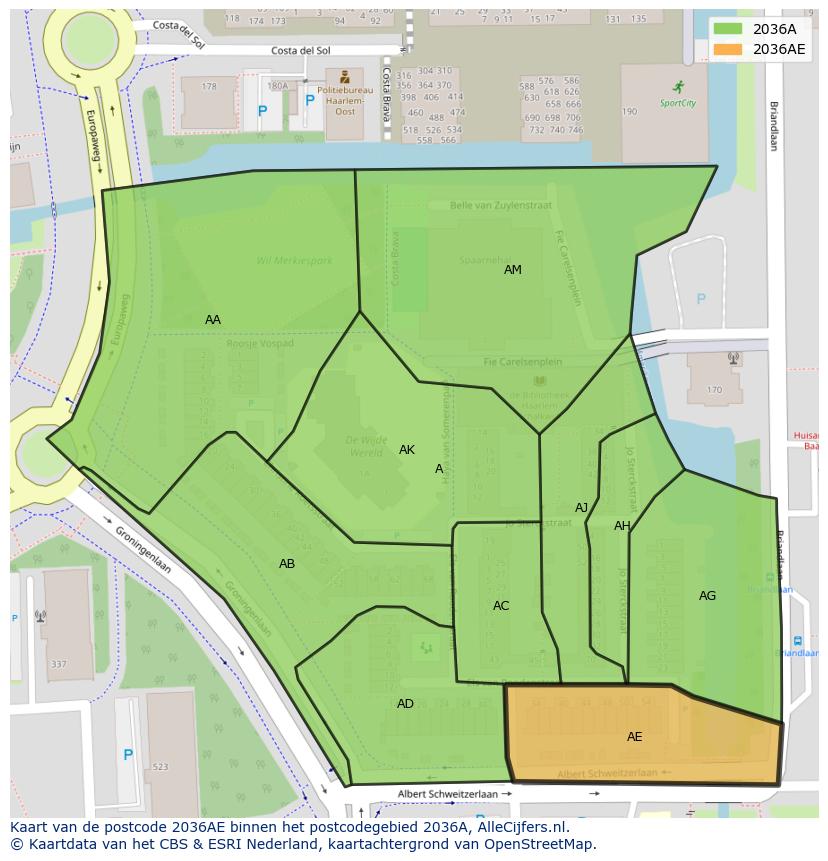 Afbeelding van het postcodegebied 2036 AE op de kaart.