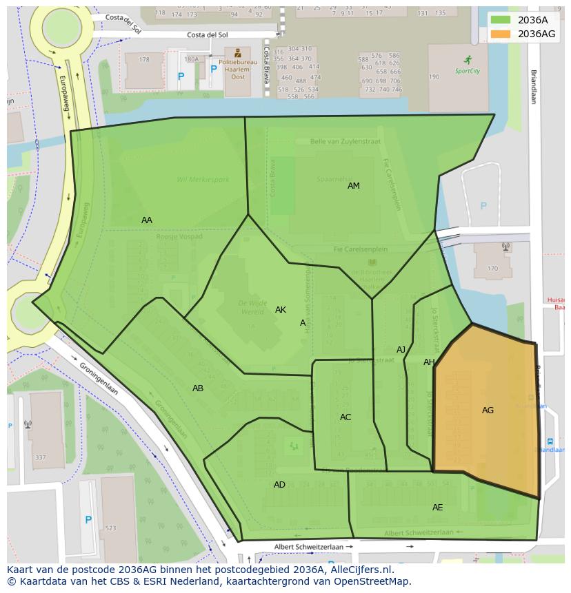 Afbeelding van het postcodegebied 2036 AG op de kaart.