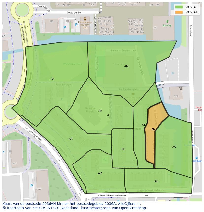 Afbeelding van het postcodegebied 2036 AH op de kaart.