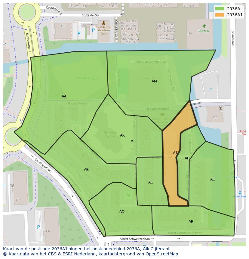 Afbeelding van het postcodegebied 2036 AJ op de kaart.