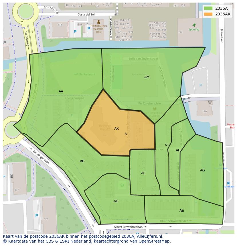 Afbeelding van het postcodegebied 2036 AK op de kaart.