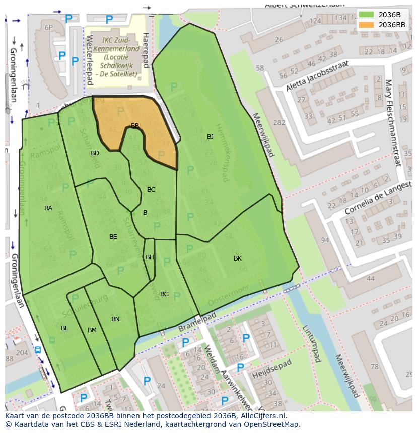 Afbeelding van het postcodegebied 2036 BB op de kaart.