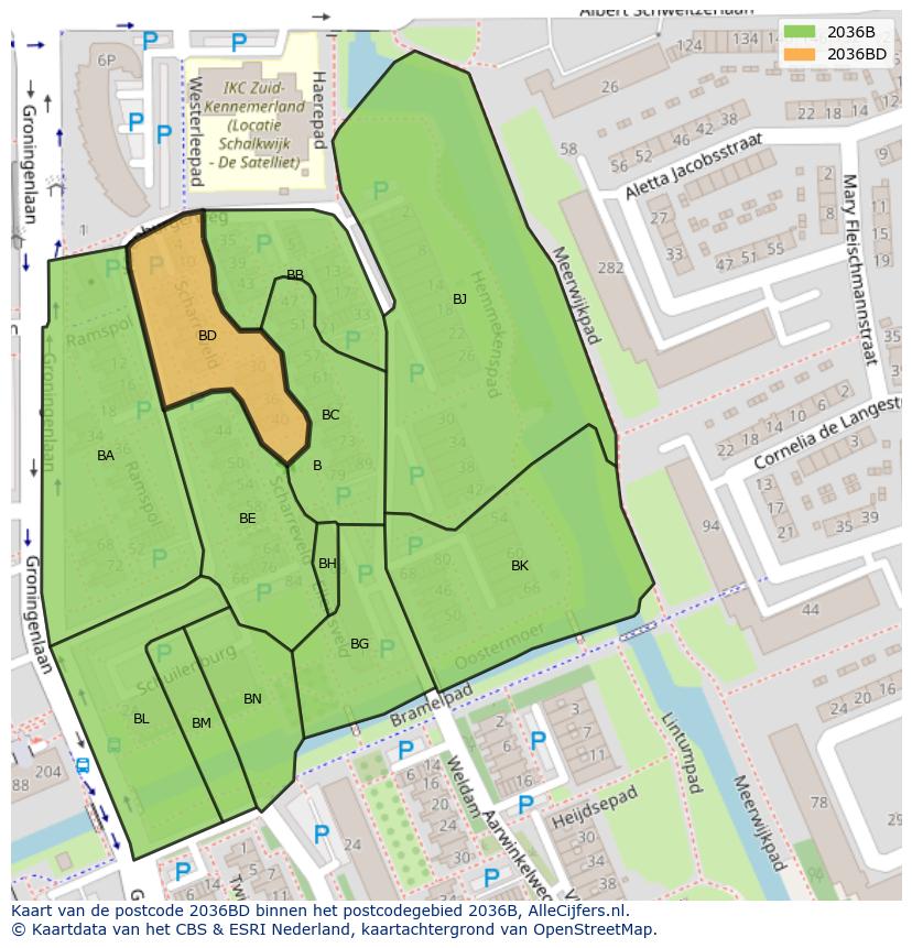 Afbeelding van het postcodegebied 2036 BD op de kaart.