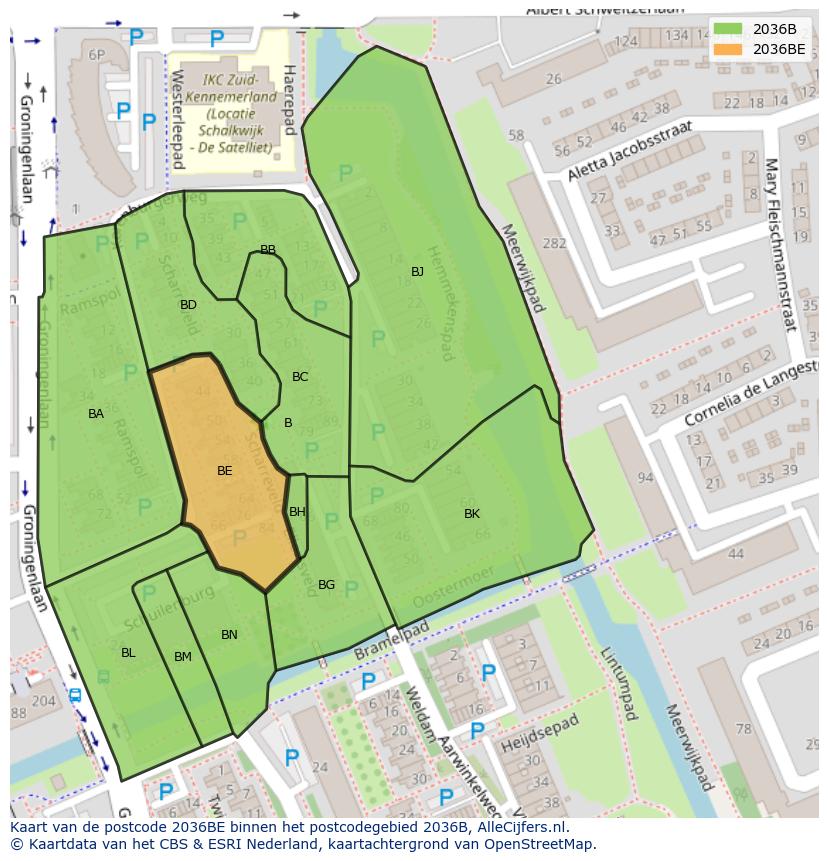 Afbeelding van het postcodegebied 2036 BE op de kaart.