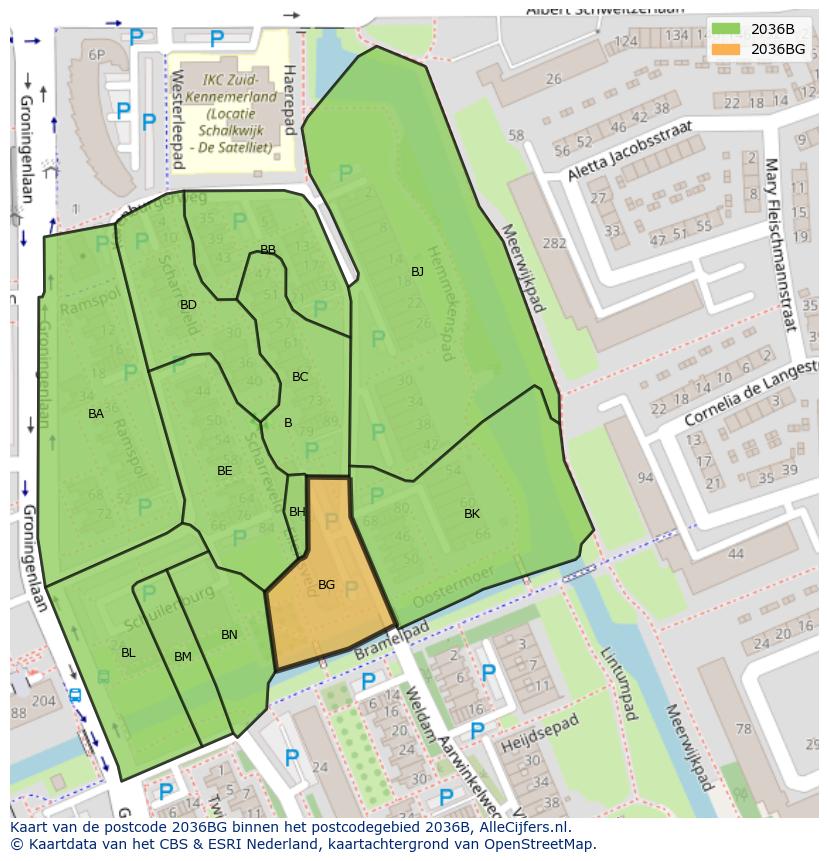 Afbeelding van het postcodegebied 2036 BG op de kaart.