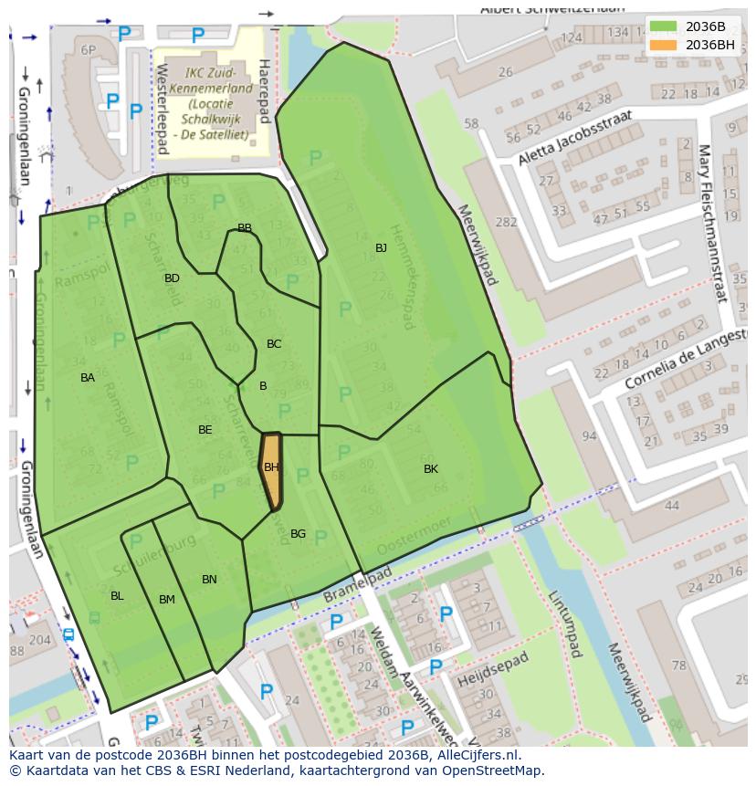 Afbeelding van het postcodegebied 2036 BH op de kaart.