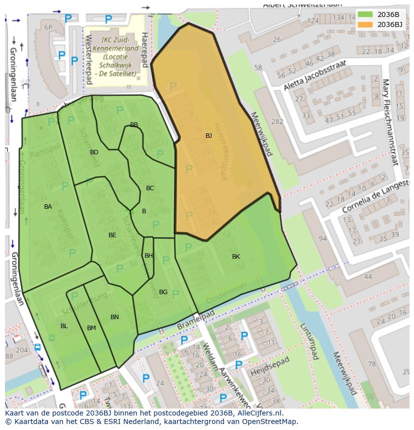 Afbeelding van het postcodegebied 2036 BJ op de kaart.