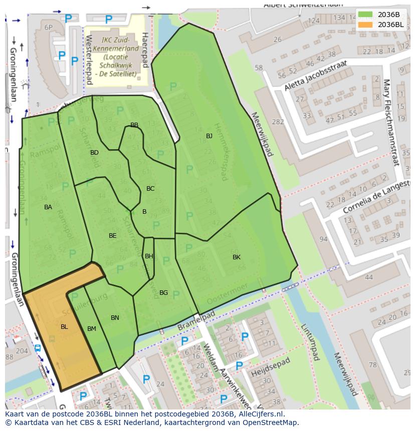 Afbeelding van het postcodegebied 2036 BL op de kaart.