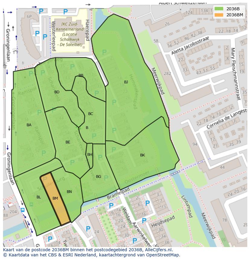 Afbeelding van het postcodegebied 2036 BM op de kaart.