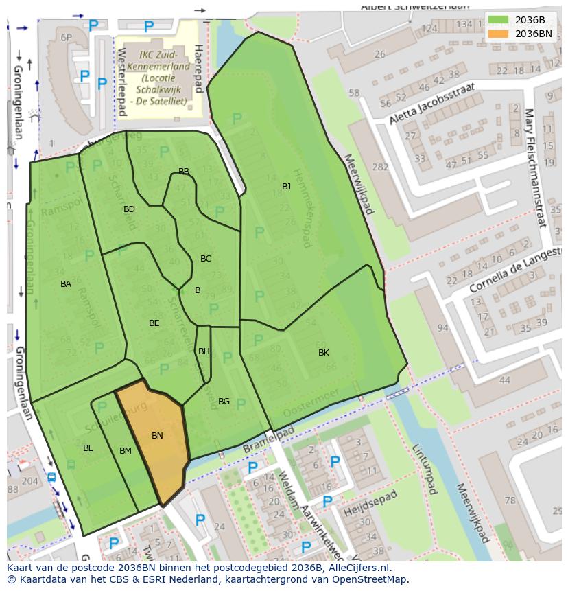 Afbeelding van het postcodegebied 2036 BN op de kaart.