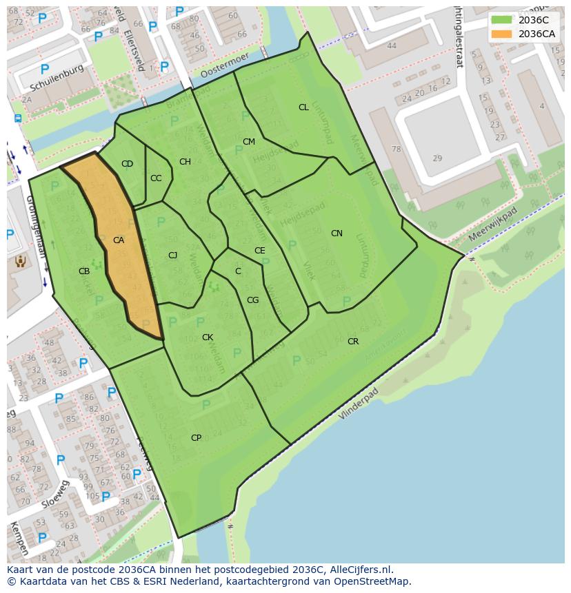 Afbeelding van het postcodegebied 2036 CA op de kaart.