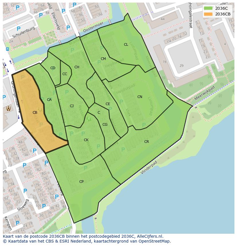 Afbeelding van het postcodegebied 2036 CB op de kaart.