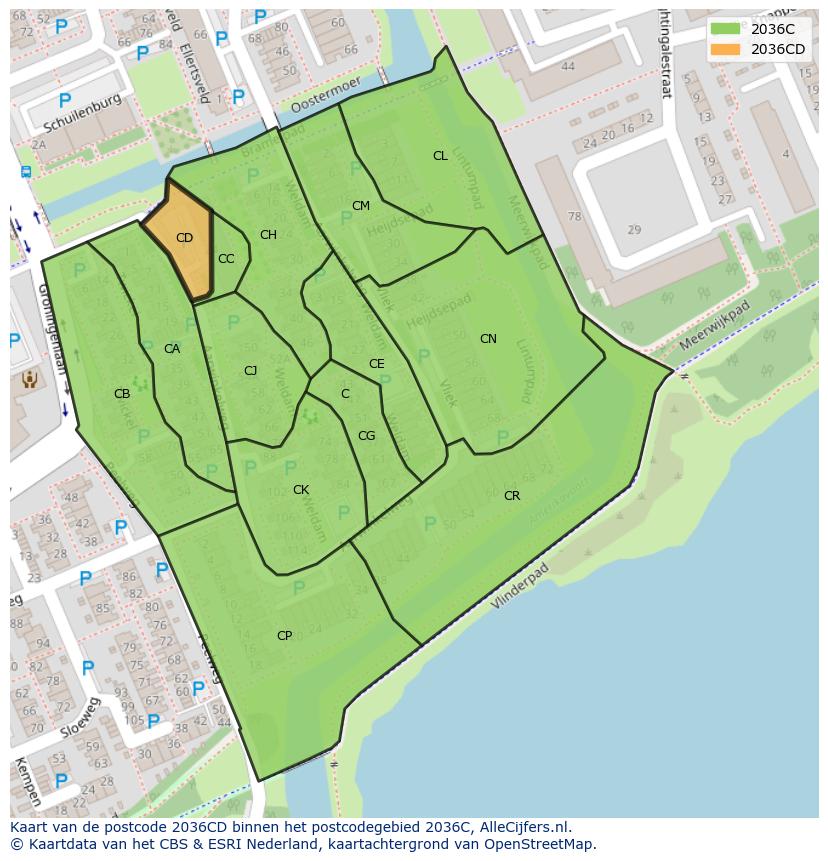 Afbeelding van het postcodegebied 2036 CD op de kaart.
