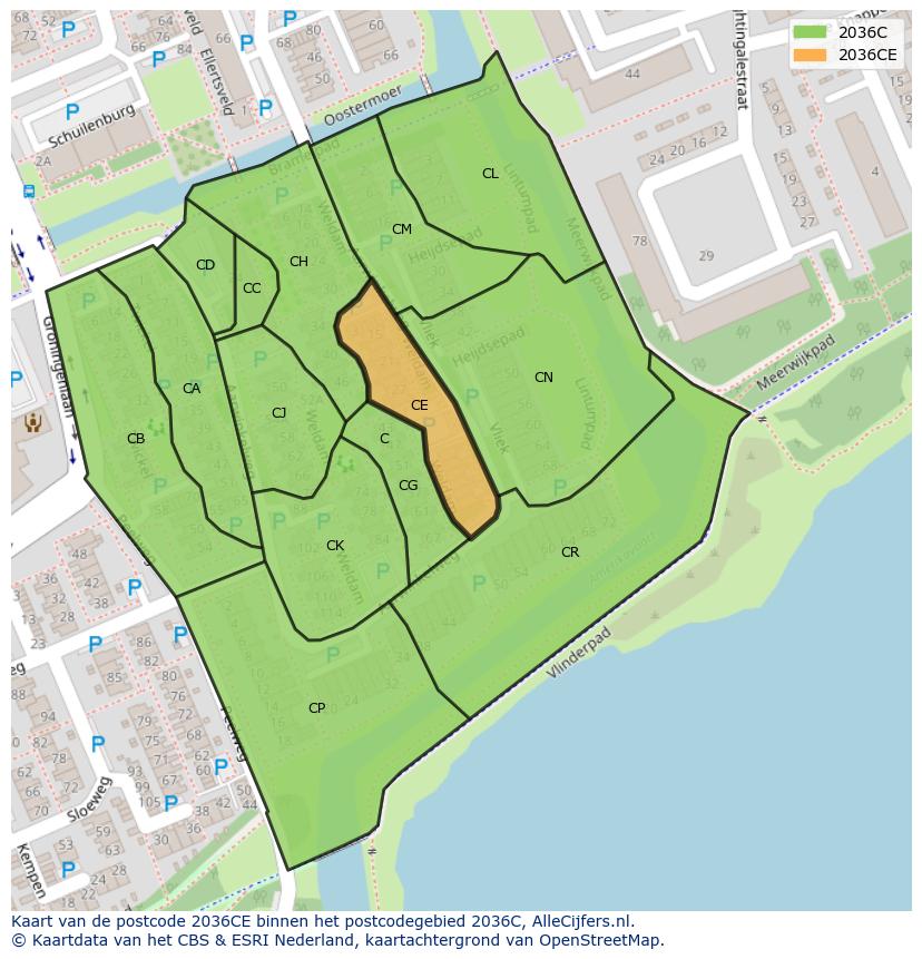 Afbeelding van het postcodegebied 2036 CE op de kaart.
