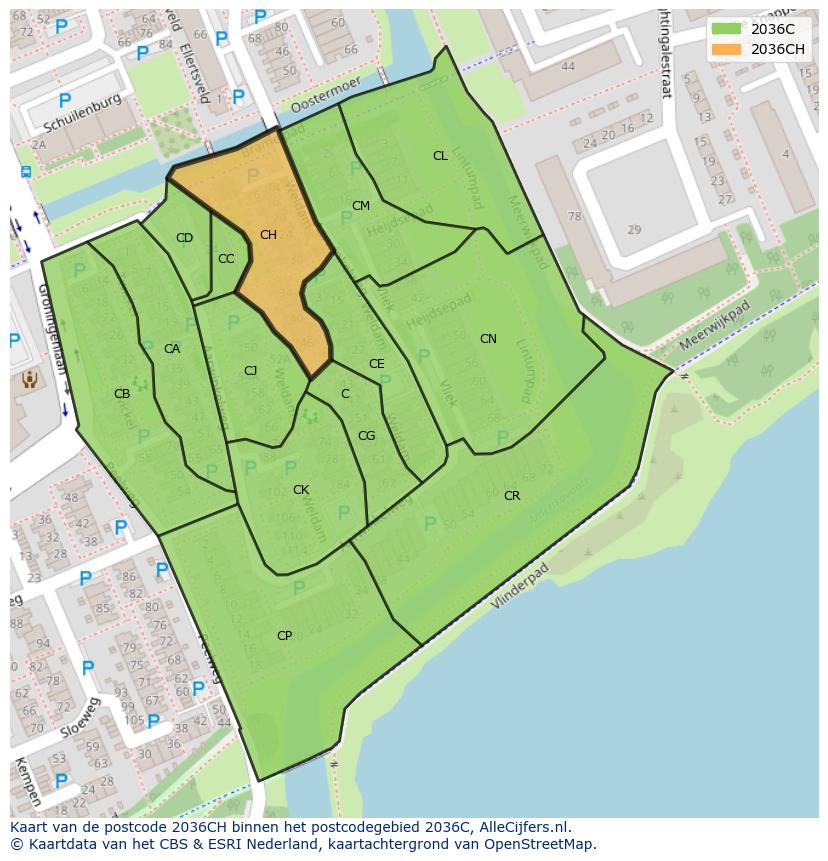 Afbeelding van het postcodegebied 2036 CH op de kaart.