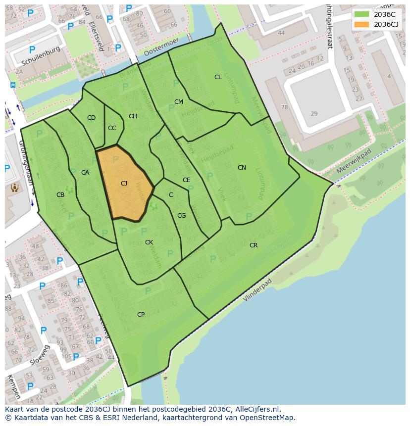 Afbeelding van het postcodegebied 2036 CJ op de kaart.