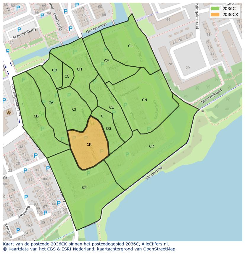 Afbeelding van het postcodegebied 2036 CK op de kaart.