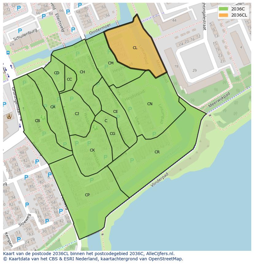 Afbeelding van het postcodegebied 2036 CL op de kaart.