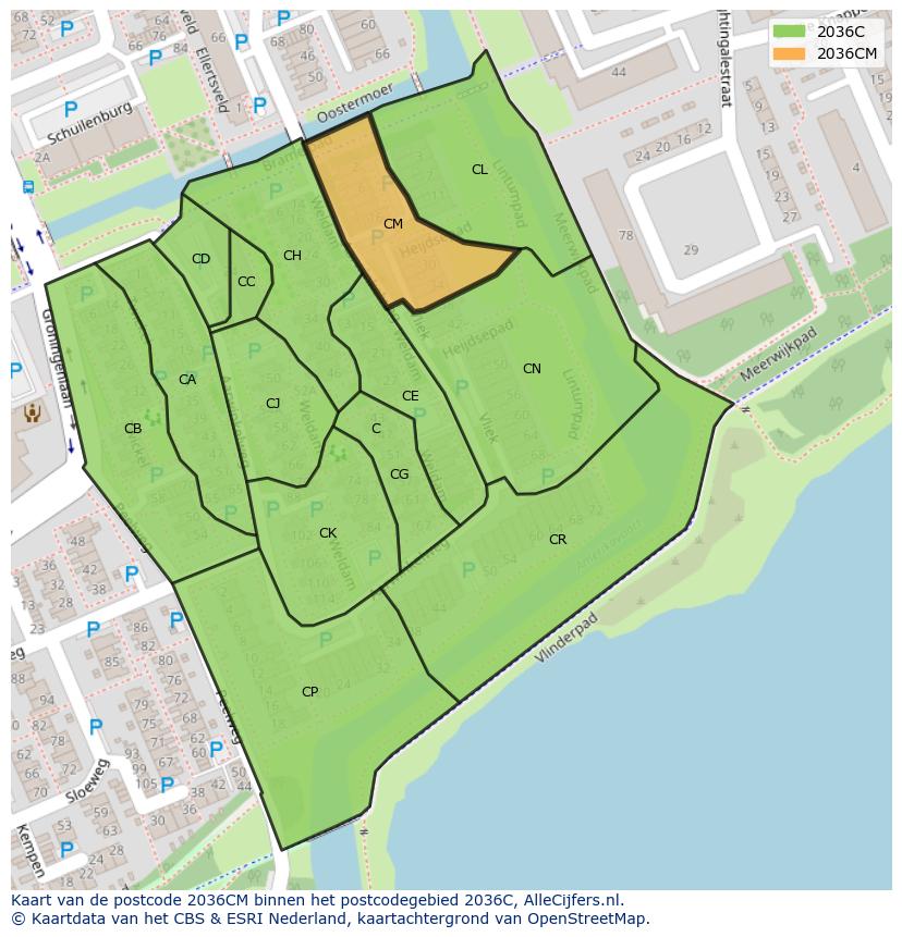 Afbeelding van het postcodegebied 2036 CM op de kaart.