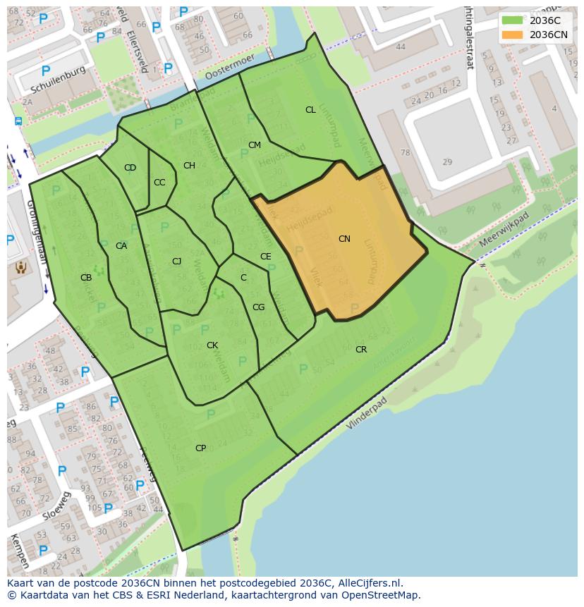 Afbeelding van het postcodegebied 2036 CN op de kaart.