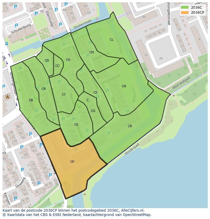 Afbeelding van het postcodegebied 2036 CP op de kaart.