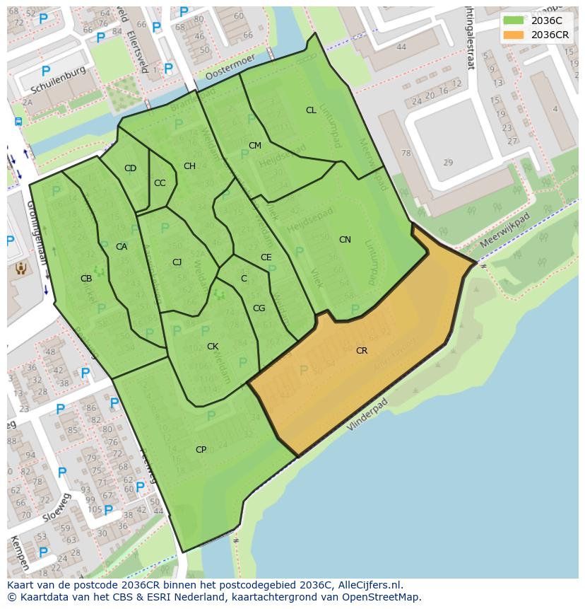 Afbeelding van het postcodegebied 2036 CR op de kaart.