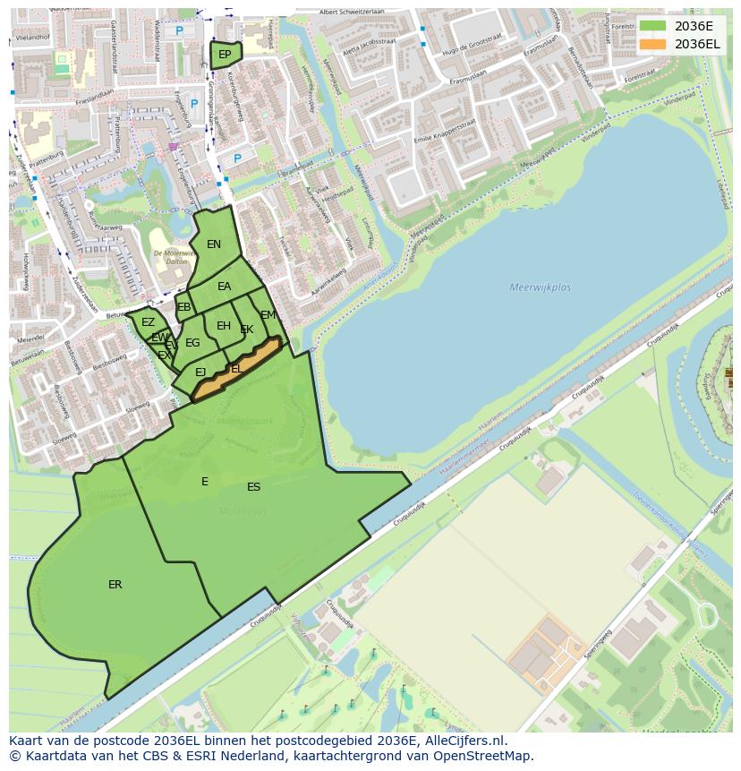 Afbeelding van het postcodegebied 2036 EL op de kaart.