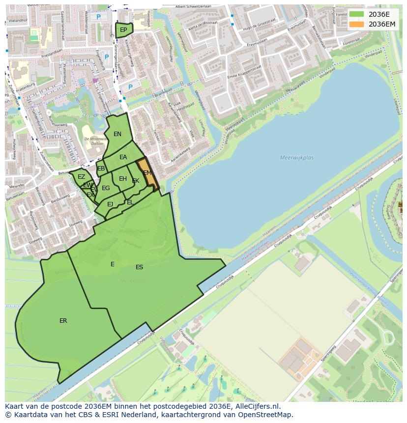 Afbeelding van het postcodegebied 2036 EM op de kaart.