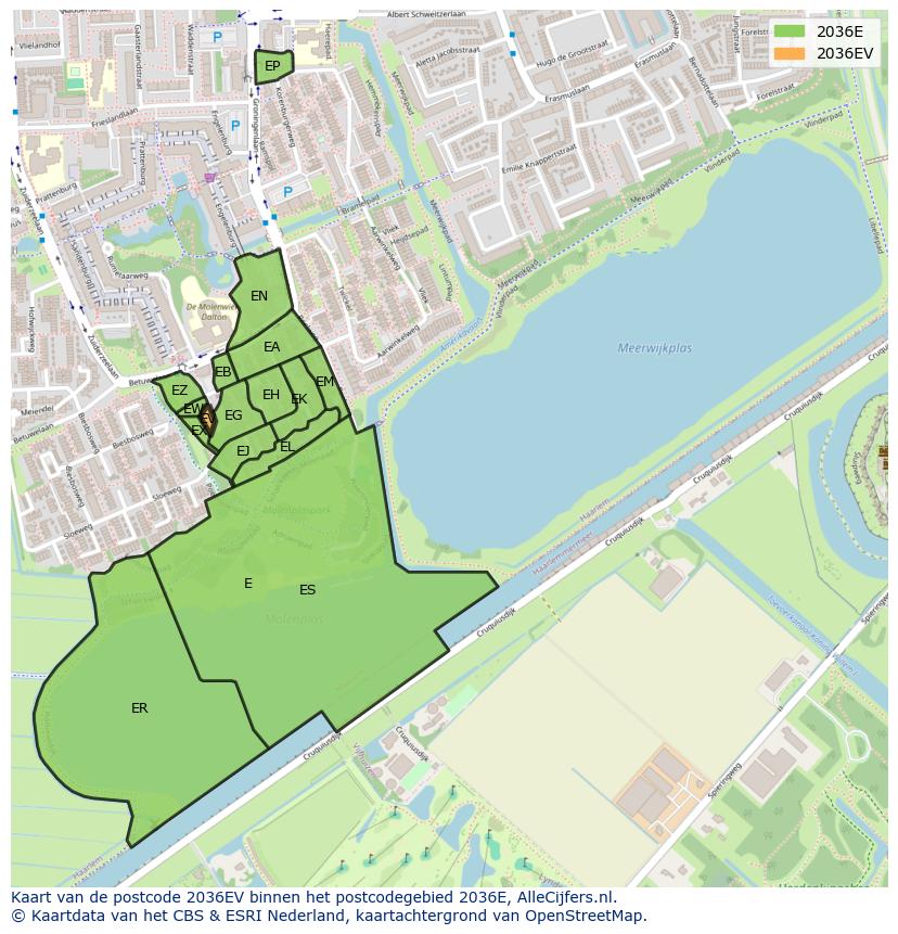 Afbeelding van het postcodegebied 2036 EV op de kaart.