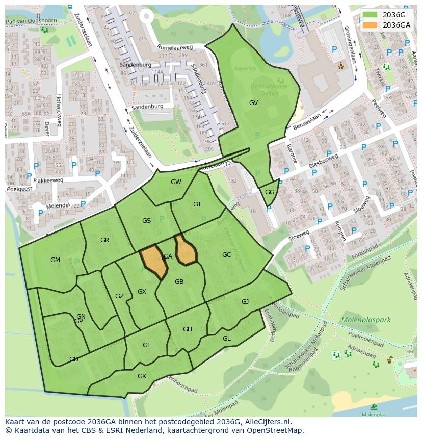 Afbeelding van het postcodegebied 2036 GA op de kaart.