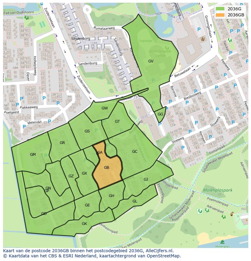 Afbeelding van het postcodegebied 2036 GB op de kaart.