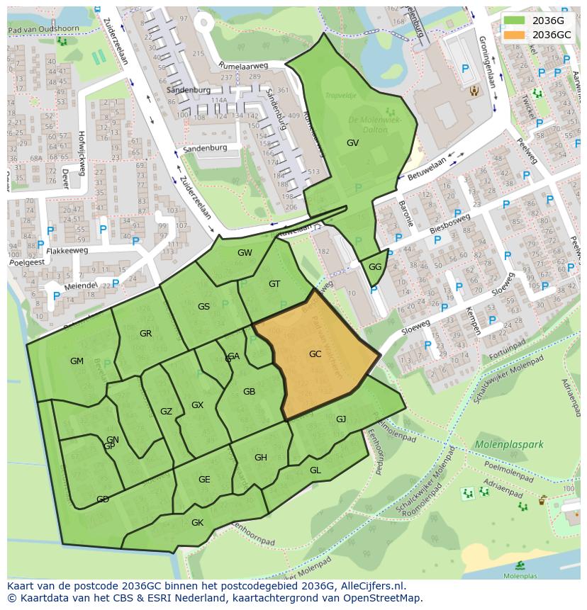 Afbeelding van het postcodegebied 2036 GC op de kaart.
